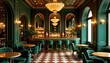 © miss irine - Luxurious bar interior with rich green, gold decor. Elegant furnishings, sophisticated ambiance. Bar area includes long bar, tables, chairs. Large chandelier lights space. Sophisticated, stylish