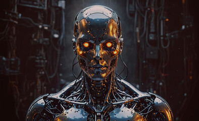 a robot with glowing eyes stands in front of a wall of wires. the robot's face is illuminated by a l