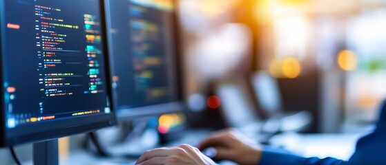 Programmer coding on computer screen.