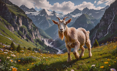 Poster - A goat is walking through a field of flowers in front of a mountain range. The scene is peaceful and serene, with the goat being the main focus of the image
