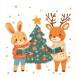 © WisChi - Cute Bunny and Reindeer Christmas Illustration Festive Holiday Animals Reading Winter Wonderland