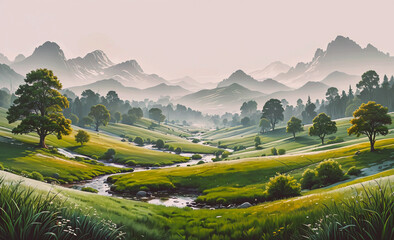 Poster - A beautiful landscape with a river running through it. The mountains in the background are covered in trees and the sky is cloudy. The scene is peaceful and serene