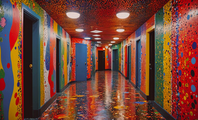 Poster - The hallway is a vibrant and colorful space with a lot of light. It is filled with many doors, some of which are open, and the walls are covered in a variety of colors and patterns