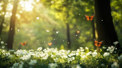 Wall Mural - Forest glade with lots of white spring flowers and butterflies on a sunny day