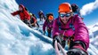 © DKPhoto - A vibrant scene of mountaineers conquering a snowy slope in bright sunlight, capturing the essence of teamwork and determination as they navigate the challenges of high-altitude climbing.
