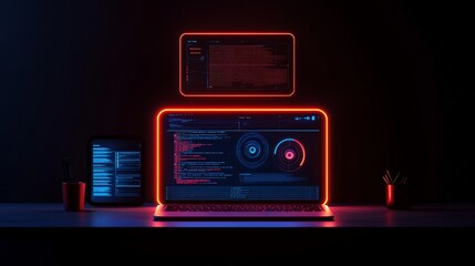 Neon-lit laptop and tablet displaying code and data visualizations on a desk.