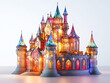 © wing - a fantasy castle with vibrant, stained-glass-like windows and multicolored rooftops. The castle is illuminated from within, casting warm, golden light that contrasts with the cool blues of the surroun