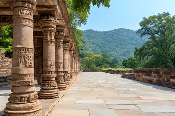 Ancient stone pillars line a pathway near lush green hills.