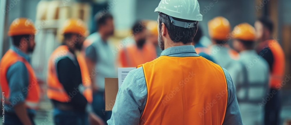 A safety coordinator conducting a toolbox talk with construction ...
