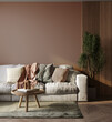© Liliia - Mocha Mousse trendy color year 2025 cozy living lounge, 3d rendering