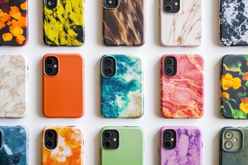 Collection of colorful phone cases arranged in grid pattern on white background.