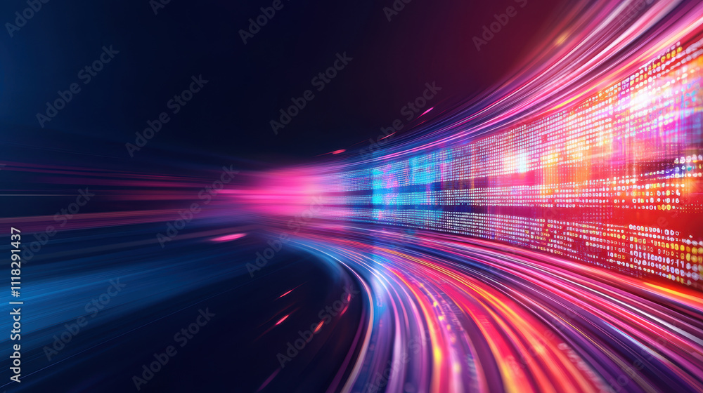 Futuristic digital landscape with vibrant light trails and data streams ...