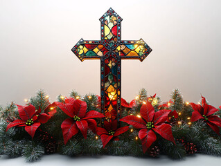 a stained glass cross on a white surface, surrounded by decorative greenery, red berries, and poinsettias. The greenery is covered in a light dusting of snow, adding a festive touch to the scene.