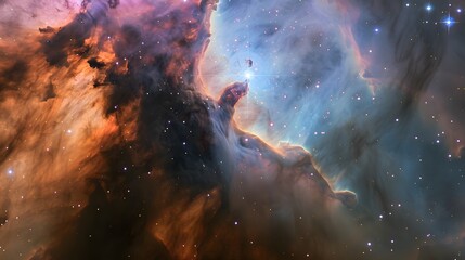 Wall Mural - vivid cosmic landscape with starry nebulae, celestial view of swirling orange and blue nebulae fille