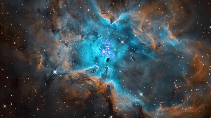 Wall Mural - bright blue nebula with starry background, vivid blue nebula surrounded by warm orange gas clouds an