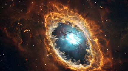 Wall Mural - golden nebula encircling a bright blue core, circular golden nebula with fiery textures surrounding 