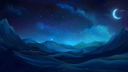 Wall Mural - crescent moon rising over layered mountains under a vivid blue starry sky in a tranquil nighttime sc