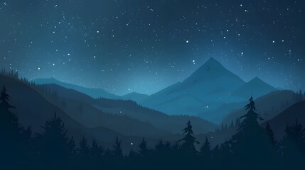 Wall Mural - silhouetted mountain peaks and pine forests under a tranquil starry night sky with soft blue haze ba