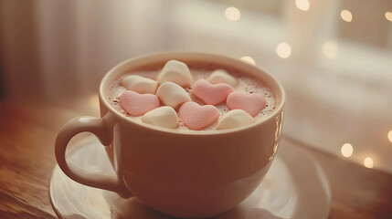 Wall Mural - Warmth in a Cup: Heart-Shaped Marshmallows Floating in a Cozy Coffee