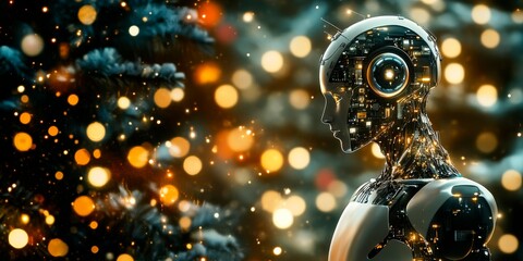 Wall Mural - an humanoid robot with glowing gold circuitry and white porcelain skin, meditating in the glow of ch