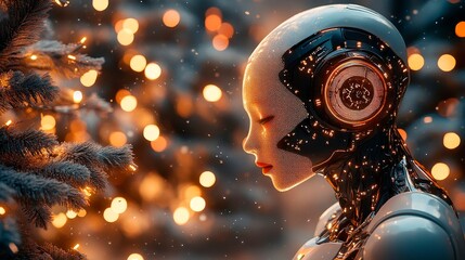 Wall Mural - an humanoid robot with glowing gold circuitry and white porcelain skin, meditating in the glow of ch
