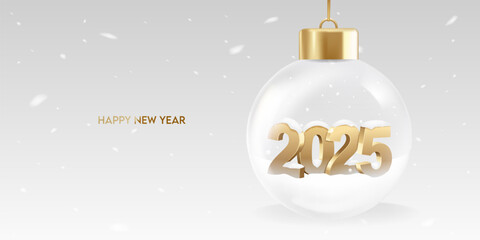 Happy new year 2025. Golden 3D numbers in a transparent shiny Christmas ball with snow on a white background. Holiday greeting card design.
