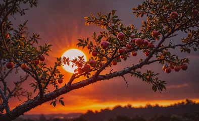 Poster - A tree with a bunch of apples hanging from it and a sun in the sky. The sun is setting and the sky is orange