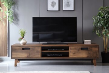 Modern wooden TV stand with two drawers in living room.