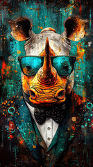 Wall Mural -   A painting of a rhino wearing a tuxedo, bow tie, sunglasses, and a tuxedo