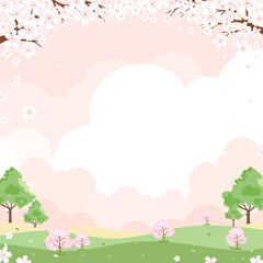 pink sky with cloud background,spring landscape with cherry flower frame boder,green grass field,nat