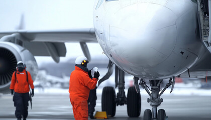 Crew working with planes.  Generative AI.