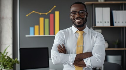 Leinwandbilder - Business growth visualization with a bar graph overlay and a confident entrepreneur in a modern workspace