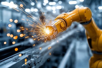Poster - Welding sparks fly as a worker in the car manufacturing industry performs his task.
