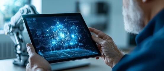 Aufkleber - The industrial engineering manager employs a tablet to control and monitor automated robot arms for welding in a digital manufacturing environment, showcasing Industry 4.0 technology.