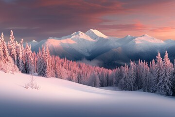 Poster - Winter landscape with footprints in snow following in fir forest and glade. Carpathian mountains.
