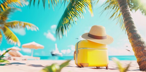 Poster - 3D rendering of yellow suitcase on sunny beach under palm tree