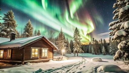 northern lights and christmas house in forest