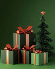 Leinwandbilder - An empty green podium with Christmas paper trees decorations on a green background. 3D rendering.