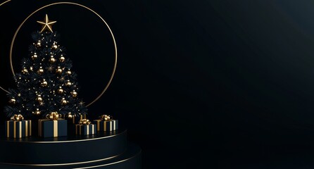 Leinwandbilder - Blue luxury Christmas podium with Christmas decoration. 3D illustration, 3D rendering.