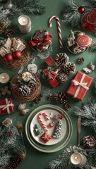 Leinwandbilder - A Christmas decoration with a gift box and a copy space on a green background. This is a 3D rendering and illustration.