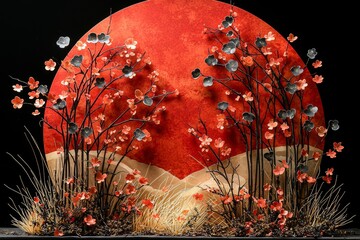 Aufkleber - The Chinese New Year 2024 idea. Top view flat lay of red paper fans, gold coins, decorative essentials, sakura blossom on black background with blank circle for text or ads