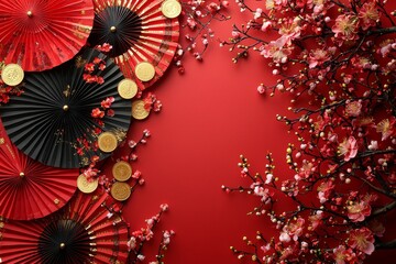 Aufkleber - The best way to celebrate Chinese New Year 2024 with awe-inspiring style. Top view flat lay of gold dragon, red paper fans, gold coins, sakura bloom on red background with promo area.