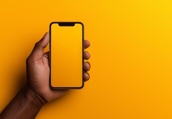 Poster - An illustration of a female hand holding a smartphone with a blank screen against a yellow background