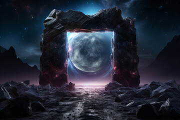 Wall Mural - amazing3d render abstract ultraviolet background with cobblestones black rocks and neon light