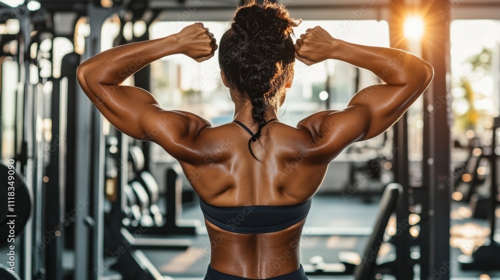 Strong female bodybuilder flexing her back muscles and biceps in a gym ...