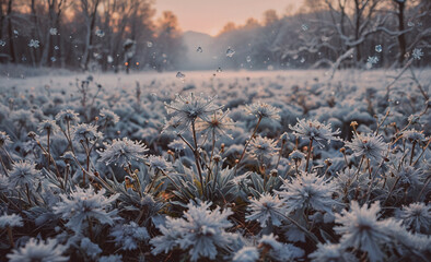 Poster - A field of snow covered flowers with a beautiful sunset in the background. The flowers are covered in frost and the snow is falling from the sky. The scene is serene and peaceful