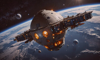 Wall Mural - a space ship is flying through the sky with a bright orange and white design. the ship is surrounded