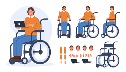 Wall Mural - man with disability in wheelchair. character constructor for animation. front and side view set. bod