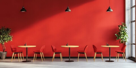 Wall Mural - 3. A vibrant red wall in a cafÃ©, with minimal dÃ©cor to emphasize the bold color.