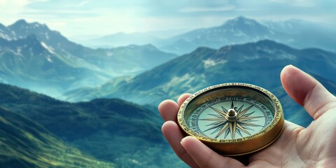 a close-up of a hand gripping a compass with a mountain view in the background, emphasizing adventur